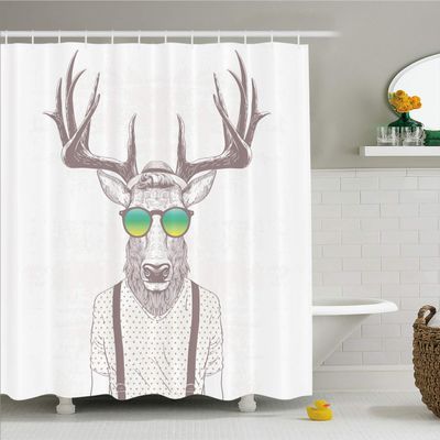 Ambesonne Antlers Shower Curtain, Illustration of Deer Dressed up Like Cool Hipster Fashion Creative Fun Animal, Cloth Fabric Bathroom Decor Set with Hooks, 69" W x 84" L, Warm Taupe