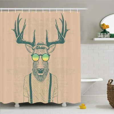 Ambesonne Antlers Shower Curtain, Illustration of Deer Dressed up Like Cool Hipster Fashion Creative Fun Animal, Cloth Fabric Bathroom Decor Set with Hooks, 69" W x 84" L, Teal Peach