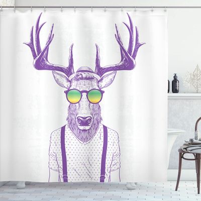 Ambesonne Antlers Shower Curtain, Illustration of Deer Dressed up Like Cool Hipster Fashion Creative Fun Animal, Cloth Fabric Bathroom Decor Set with Hooks, 69" W x 84" L, Violet Blue