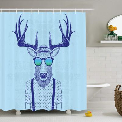 Ambesonne Antlers Shower Curtain, Illustration of Deer Dressed up Like Cool Hipster Fashion Creative Fun Animal, Cloth Fabric Bathroom Decor Set with Hooks, 69" W x 84" L, Blue Indigo