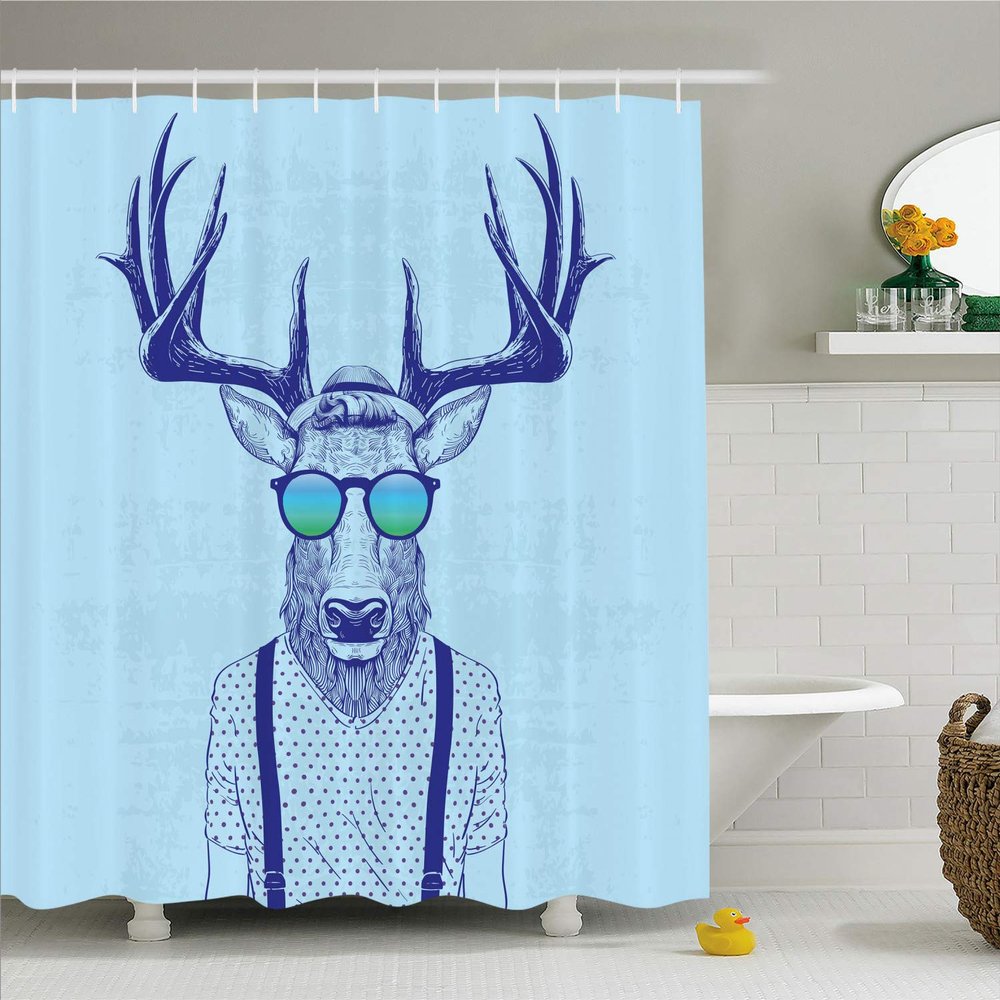Ambesonne Antlers Shower Curtain, Illustration of Deer Dressed up Like Cool Hipster Fashion Creative Fun Animal, Cloth Fabric Bathroom Decor Set with Hooks, 69" W x 84" L, Blue Indigo