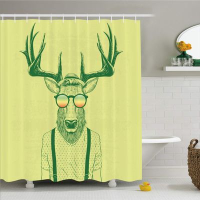 Ambesonne Antlers Shower Curtain, Illustration of Deer Dressed up Like Cool Hipster Fashion Creative Fun Animal, Cloth Fabric Bathroom Decor Set with Hooks, 69" W x 84" L, Green Yellow