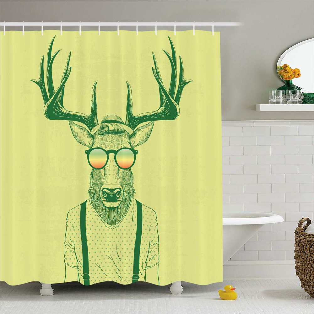 Ambesonne Antlers Shower Curtain, Illustration of Deer Dressed up Like Cool Hipster Fashion Creative Fun Animal, Cloth Fabric Bathroom Decor Set with Hooks, 69" W x 84" L, Green Yellow