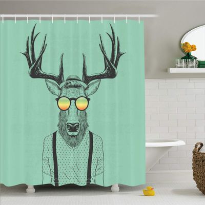 Ambesonne Antlers Shower Curtain, Illustration of Deer Dressed up Like Cool Hipster Fashion Creative Fun Animal, Cloth Fabric Bathroom Decor Set with Hooks, 69" W x 84" L, Seafoam Grey