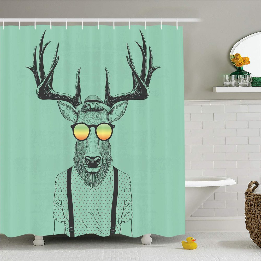 Ambesonne Antlers Shower Curtain, Illustration of Deer Dressed up Like Cool Hipster Fashion Creative Fun Animal, Cloth Fabric Bathroom Decor Set with Hooks, 69" W x 84" L, Seafoam Grey
