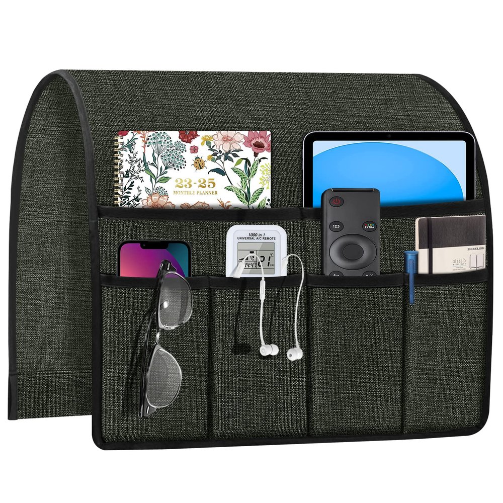 Joywell Remote Control Caddy for Chair Arm Couch Armrest Organizer Non Slip Sofa Armchair Caddie with 6 Pocket Storage for Magazine, Tablet, Phone, iPad, Dark Grey