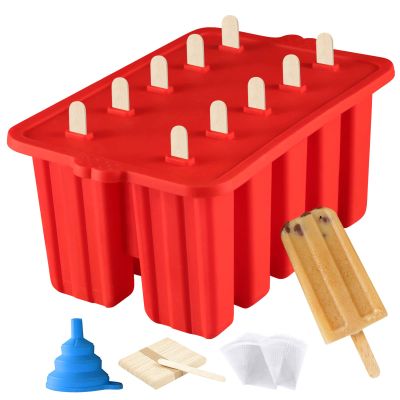 Silicone Popsicles Molds,10 Cavity Homemade Popsicle Molds DIY Ice Pop Molds for Kids & Adults Food Grade BPA-Free with Popsicle Maker Sticks Popsicles Bags A Funnel (Red)