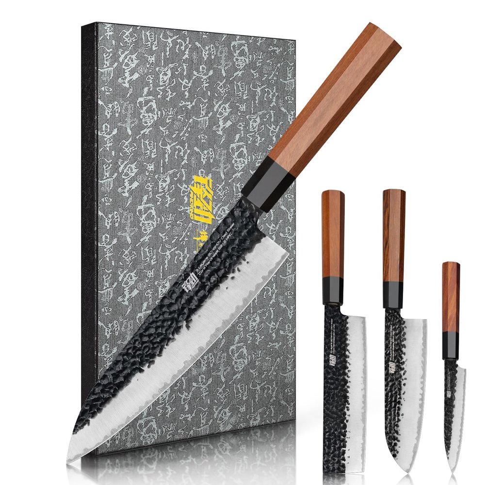 FINDKING Dynasty Series 4PCS Kitchen Knife Set, Professional Japanese Chef Knife Set, 9Cr18MoV High Carbon Steel Blade, African Rosewood Octagonal Handle, for Meat, Fruits, Vegetables