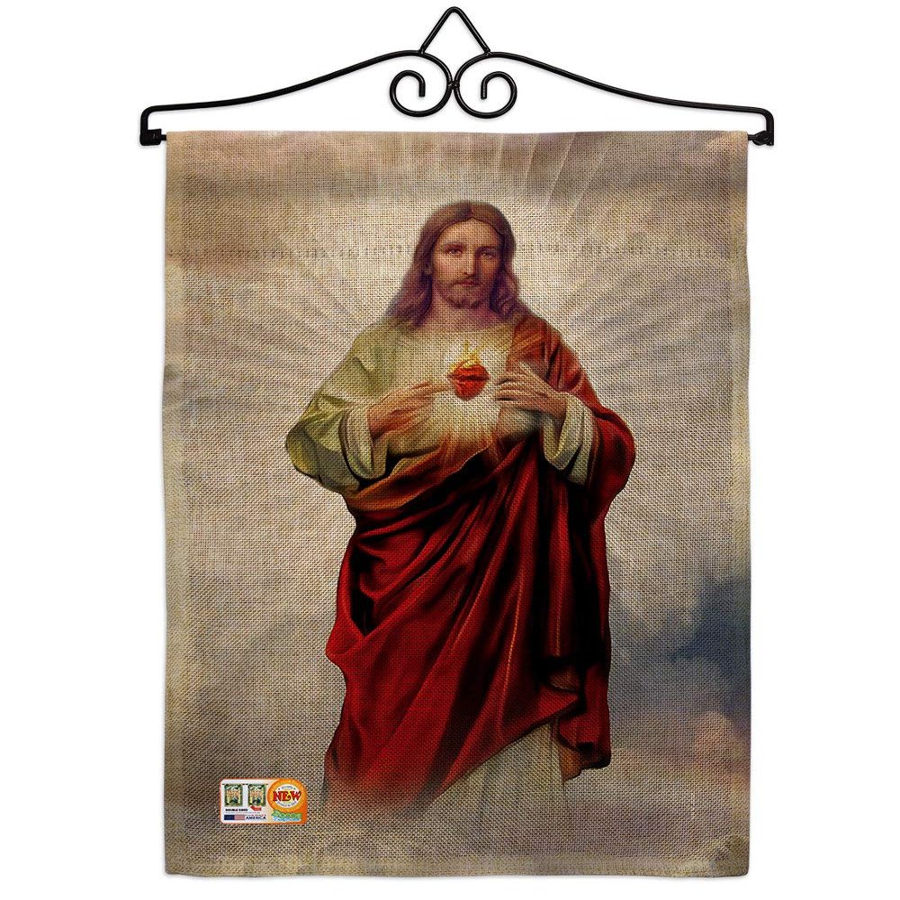 Sacred Heart of Jesus Burlap Garden Flag Set Wall Hanger Religious Faith Hope Grace Peace Dove Christian Religion Easter Small Decorative Gift Yard House Banner Double-Sided Made In USA 13 X 18.5