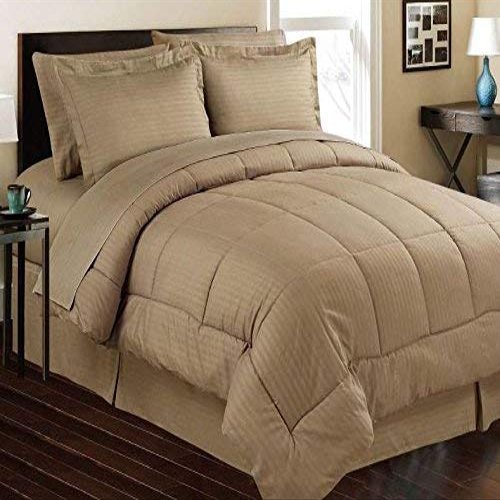 Lofty Sheets Luxury All Season Down Alternative Comforter, (200 GSM Micro Fill Diamond Box Stitched) in 100% Egyptian Cotton Exterior, Short Queen Size Camper/RV, 600 TC Taupe Stripe