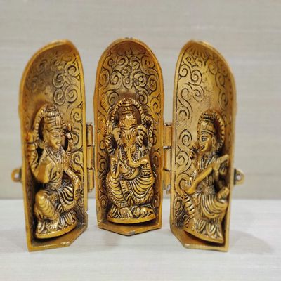 GiftNagri Gold Plated Metal Handicraft Laxmi Ganesha Saraswati Hindu God Idols in A Foldable Box Murti for Home Temple Puja Gifts Home Decorative for Living Room Office Shops Counter