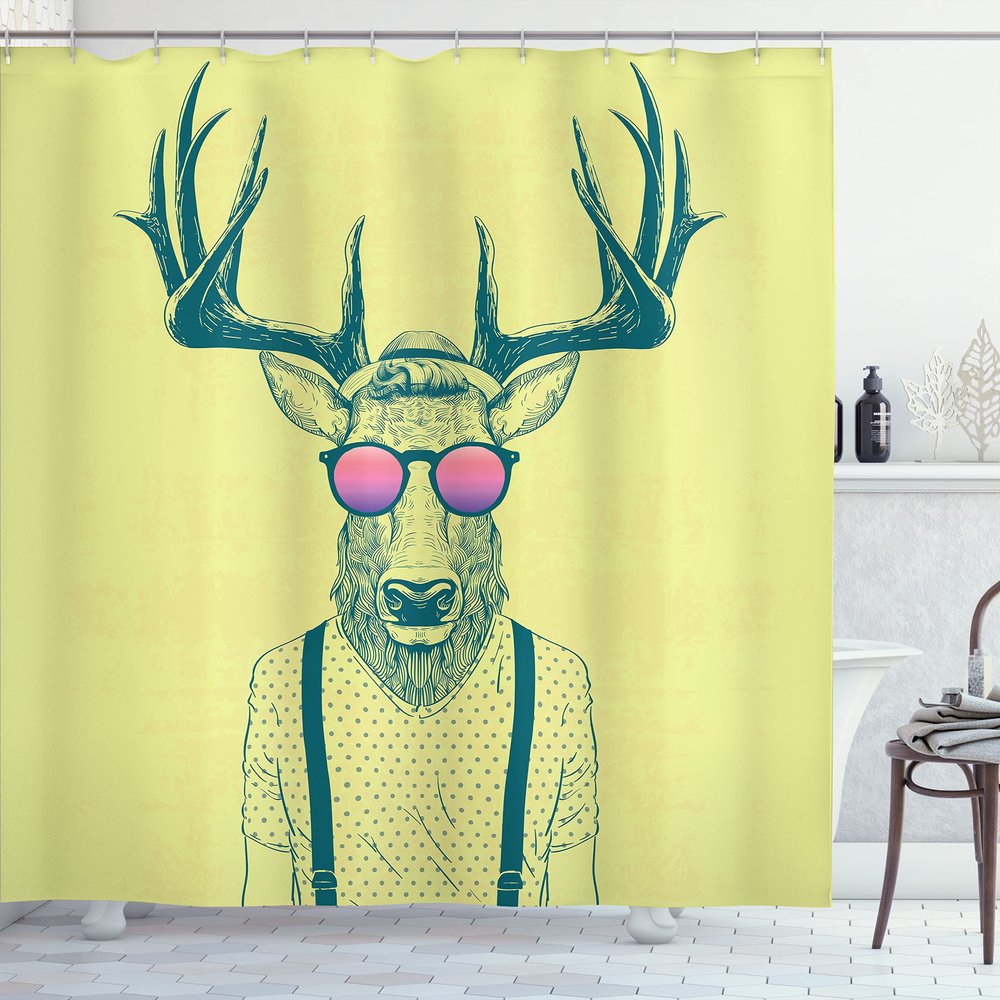 Ambesonne Antlers Shower Curtain, Illustration of Deer Dressed up Like Cool Hipster Fashion Creative Fun Animal, Cloth Fabric Bathroom Decor Set with Hooks, 69" W x 84" L, Petrol Yellow