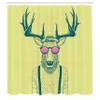 Ambesonne Antlers Shower Curtain, Illustration of Deer Dressed up Like Cool Hipster Fashion Creative Fun Animal, Cloth Fabric Bathroom Decor Set with Hooks, 69" W x 84" L, Petrol Yellow view 2