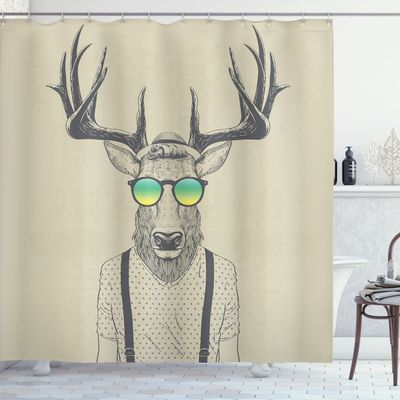 Ambesonne Antlers Shower Curtain, Illustration of Deer Dressed up Like Cool Hipster Fashion Creative Fun Animal, Cloth Fabric Bathroom Decor Set with Hooks, 69" W x 84" L, Pastel Green