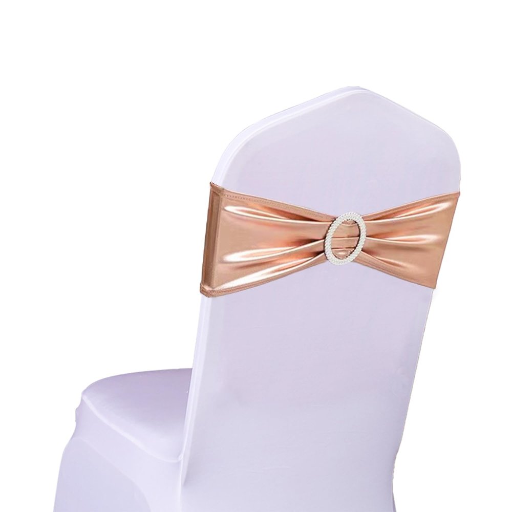 SINSSOWL Pack of 50 Spandex Rose Gold Chair Sashes for Wedding Pink Gold Chair Bows Sashes Chair Bands Buckles Fitting Birthday Party Events Bridal Baby Shower Chair Decorations