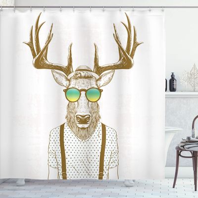 Ambesonne Antlers Shower Curtain, Illustration of Deer Dressed up Like Cool Hipster Fashion Creative Fun Animal, Cloth Fabric Bathroom Decor Set with Hooks, 69" W x 84" L, White Sepia