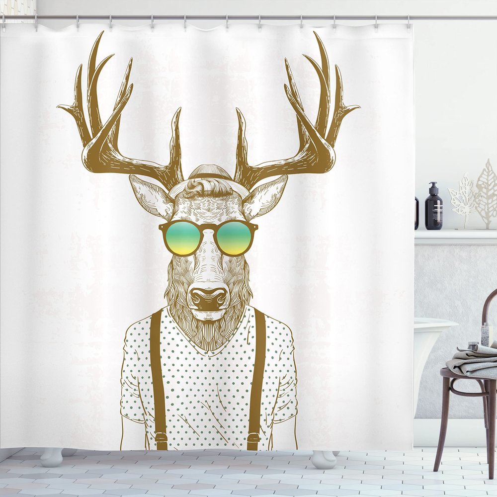 Ambesonne Antlers Shower Curtain, Illustration of Deer Dressed up Like Cool Hipster Fashion Creative Fun Animal, Cloth Fabric Bathroom Decor Set with Hooks, 69" W x 84" L, White Sepia