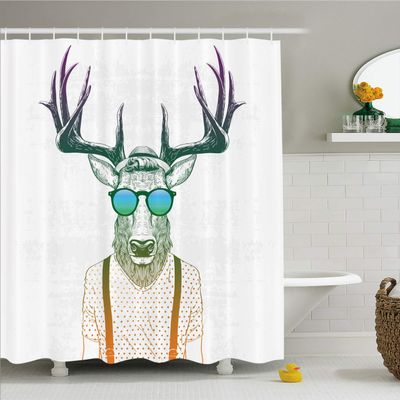 Ambesonne Antlers Shower Curtain, Illustration of Deer Dressed up Like Cool Hipster Fashion Creative Fun Animal, Cloth Fabric Bathroom Decor Set with Hooks, 69" W x 84" L, Emerald Orange