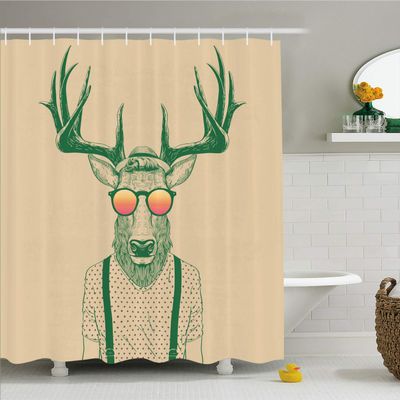 Ambesonne Antlers Shower Curtain, Illustration of Deer Dressed up Like Cool Hipster Fashion Creative Fun Animal, Cloth Fabric Bathroom Decor Set with Hooks, 69" W x 84" L, Beige Green