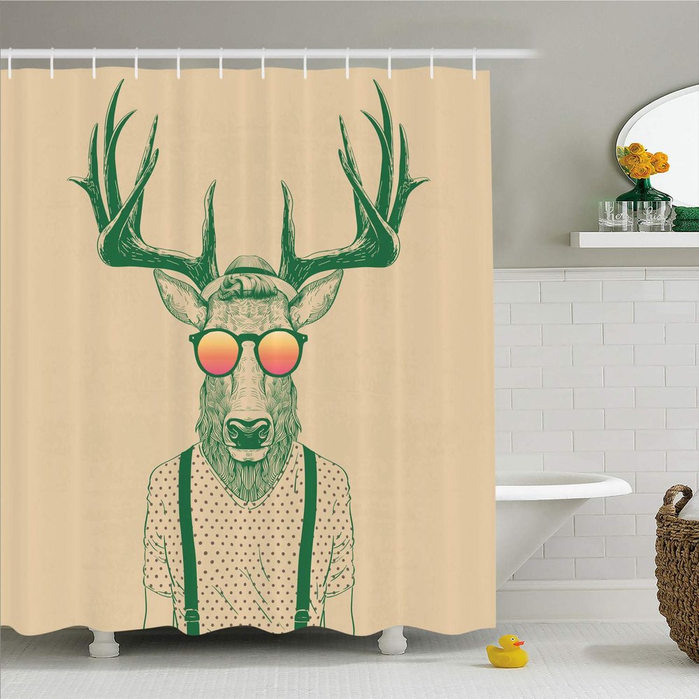 Ambesonne Antlers Shower Curtain, Illustration of Deer Dressed up Like Cool Hipster Fashion Creative Fun Animal, Cloth Fabric Bathroom Decor Set with Hooks, 69" W x 84" L, Beige Green