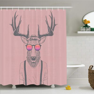 Ambesonne Antlers Shower Curtain and Hooks Set, Deer Dressed Cool Hipster Fashion Creative Funny Animal Illustration, 100% Polyester Fabric Washable Decorative for Bathroom, 69" W x 70" L, Pink Grey