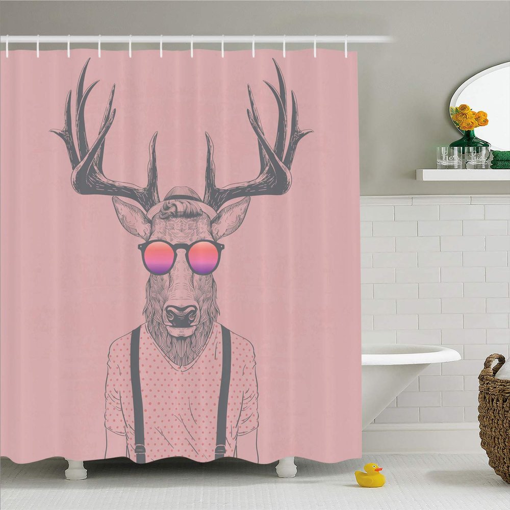 Ambesonne Antlers Shower Curtain and Hooks Set, Deer Dressed Cool Hipster Fashion Creative Funny Animal Illustration, 100% Polyester Fabric Washable Decorative for Bathroom, 69" W x 70" L, Pink Grey