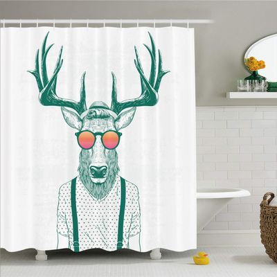 Ambesonne Antlers Shower Curtain, Illustration of Deer Dressed up Like Cool Hipster Fashion Creative Fun Animal, Cloth Fabric Bathroom Decor Set with Hooks, 69" W x 84" L, Forest Peach