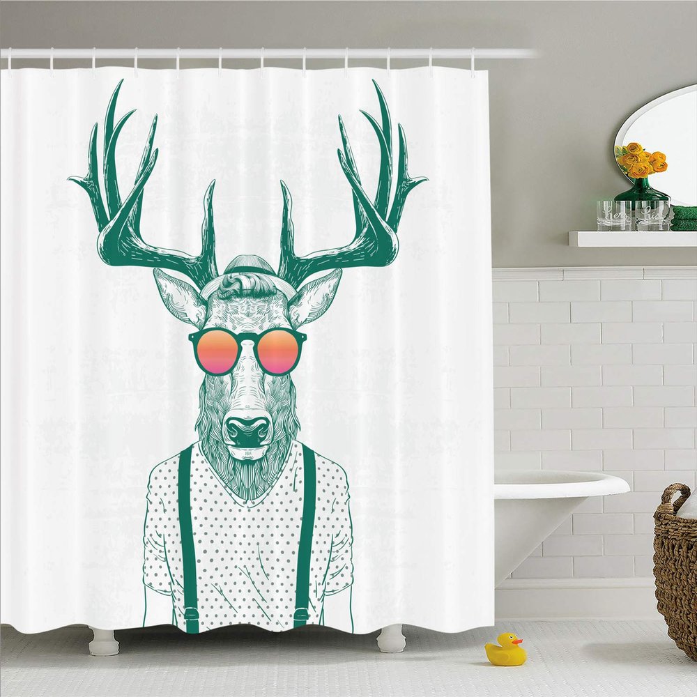 Ambesonne Antlers Shower Curtain, Illustration of Deer Dressed up Like Cool Hipster Fashion Creative Fun Animal, Cloth Fabric Bathroom Decor Set with Hooks, 69" W x 84" L, Forest Peach