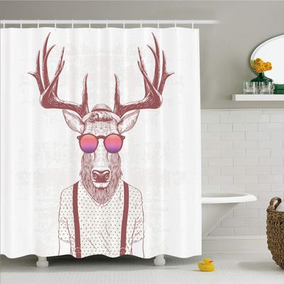 Ambesonne Antlers Shower Curtain, Illustration of Deer Dressed up Like Cool Hipster Fashion Creative Fun Animal, Cloth Fabric Bathroom Decor Set with Hooks, 69" W x 84" L, Mauve Taupe