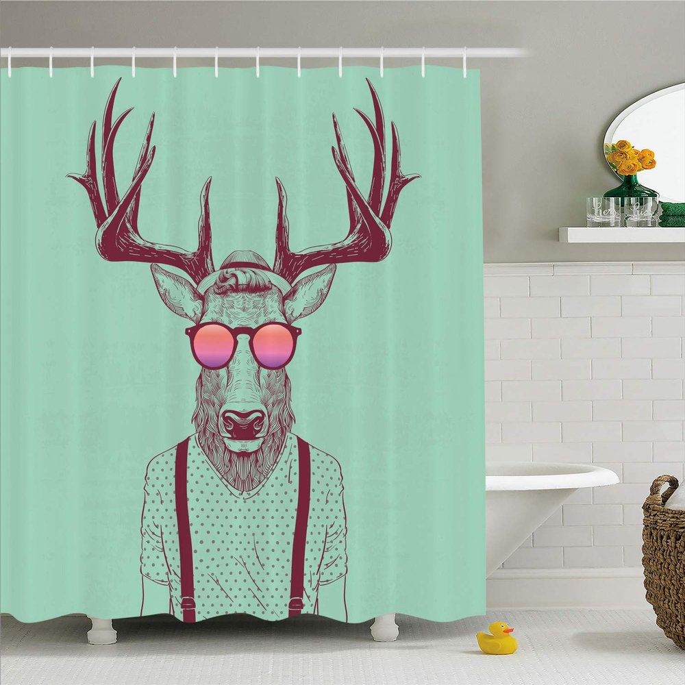 Ambesonne Antlers Shower Curtain, Illustration of Deer Dressed up Like Cool Hipster Fashion Creative Fun Animal, Cloth Fabric Bathroom Decor Set with Hooks, 69" W x 70" L, Seafoam Maroon