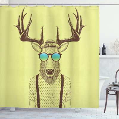 Ambesonne Antlers Shower Curtain and Hooks for Master Restroom Deer Dressed Like Cool Hipster Fashion Creative Fun Animal Cloth Fabric Home Essentials Bathroom Accessories 69" W x 84" L Yellow Brown