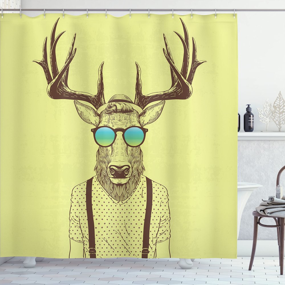 Ambesonne Antlers Shower Curtain and Hooks for Master Restroom Deer Dressed Like Cool Hipster Fashion Creative Fun Animal Cloth Fabric Home Essentials Bathroom Accessories 69" W x 84" L Yellow Brown