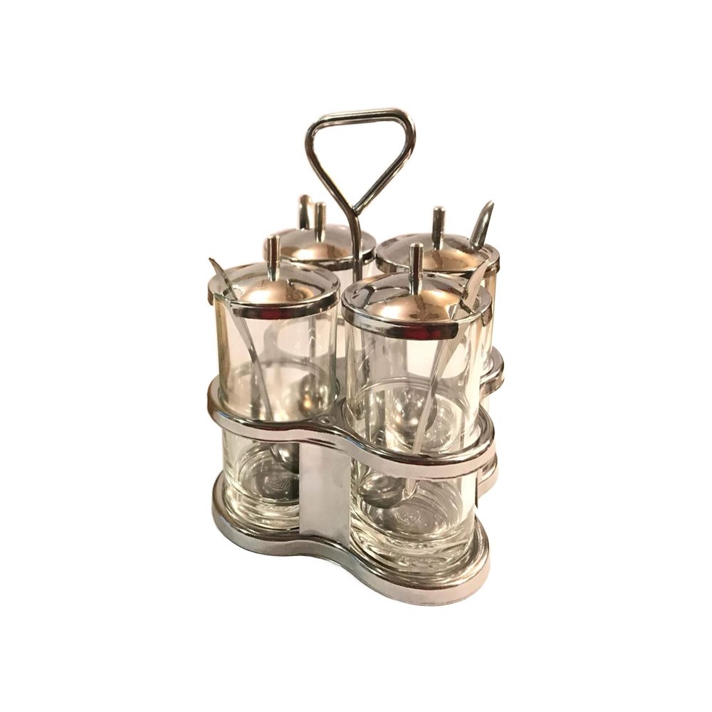 Condiment Holder Tray With 4 Jars and Spoons - Asian Dinnerware Style Server, Topping Dispenser, Seasoning Box for Table