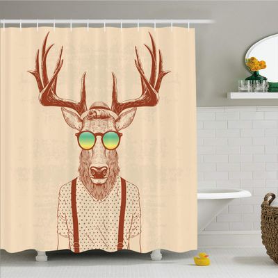Ambesonne Antlers Shower Curtain, Illustration of Deer Dressed up Like Cool Hipster Fashion Creative Fun Animal, Cloth Fabric Bathroom Decor Set with Hooks, 69" W x 84" L, Brown Green