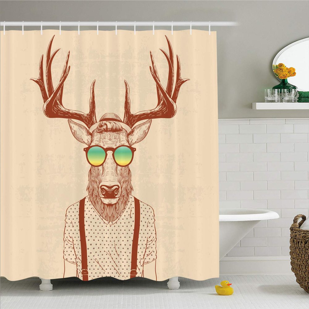 Ambesonne Antlers Shower Curtain, Illustration of Deer Dressed up Like Cool Hipster Fashion Creative Fun Animal, Cloth Fabric Bathroom Decor Set with Hooks, 69" W x 84" L, Brown Green