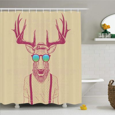 Ambesonne Antlers Shower Curtain, Illustration of Deer Dressed up Like Cool Hipster Fashion Creative Fun Animal, Cloth Fabric Bathroom Decor Set with Hooks, 69" W x 84" L, Beige Magenta