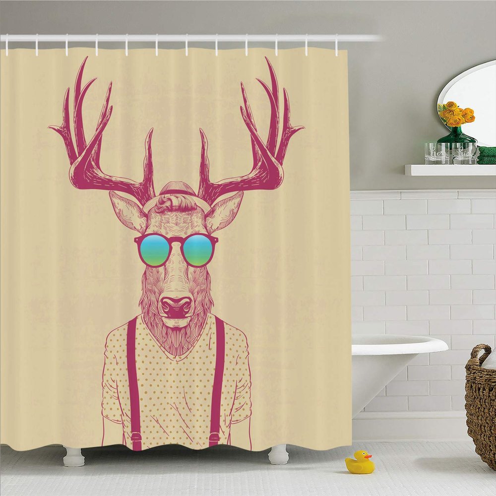 Ambesonne Antlers Shower Curtain, Illustration of Deer Dressed up Like Cool Hipster Fashion Creative Fun Animal, Cloth Fabric Bathroom Decor Set with Hooks, 69" W x 84" L, Beige Magenta