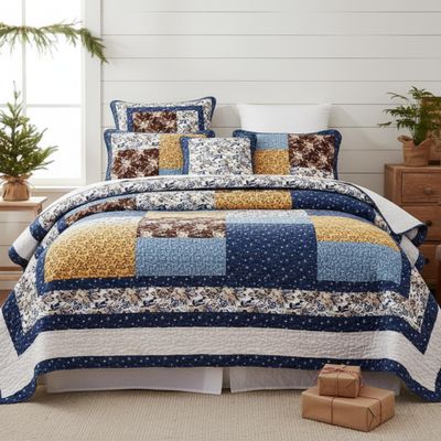 Tache Cotton Patchwork Farmhouse Cottage Coastal Garden Ditsy Floral Blue Yellow White Brown Lightweight Coverlet Prairie Sunset Quilt Set, California King