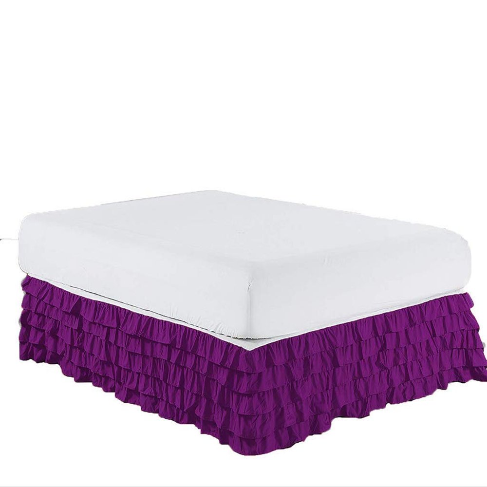HR Luxury Linen Waterfall Style Multi Ruffled Bed Skirt with 18 Inch Drop Length - 100% Egyptian Cotton 400 Thread Count Solid Skirts (King, Purple)