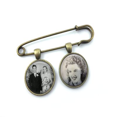 1, 2 or 3 Custom Photo Groom Wedding Memorial Lapel Boutonniere Pin in Silver or Bronze Finish (2 Photo Bronze Pin)