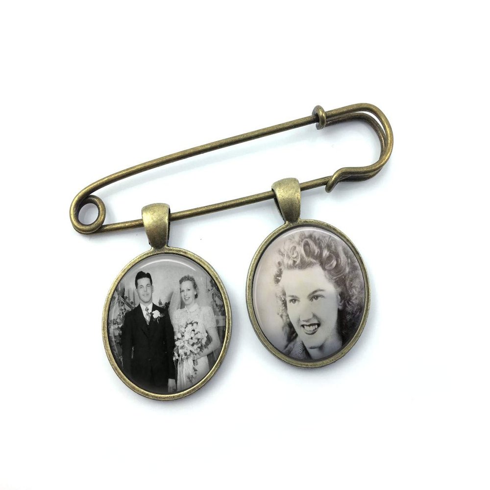 1, 2 or 3 Custom Photo Groom Wedding Memorial Lapel Boutonniere Pin in Silver or Bronze Finish (2 Photo Bronze Pin)