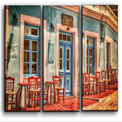 Hotel Arizona HD Big Set A Caf in Greece Wall Art Decor Picture Painting Poster Print on 3 Canvas Panels Pieces - Travel Theme Wall Decoration Set - Vacation Wall Picture for Living Room 22 by 33 in