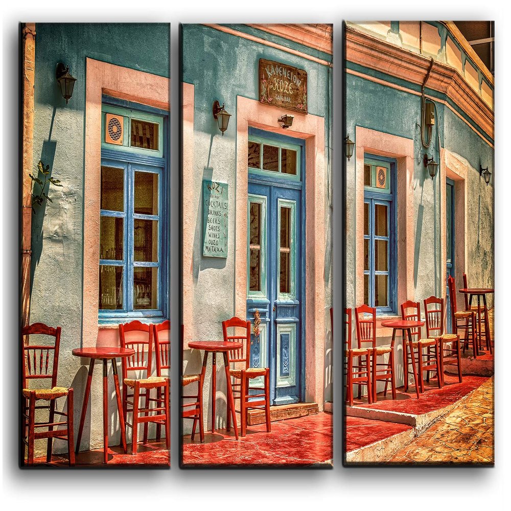 Hotel Arizona HD Big Set A Caf in Greece Wall Art Decor Picture Painting Poster Print on 3 Canvas Panels Pieces - Travel Theme Wall Decoration Set - Vacation Wall Picture for Living Room 22 by 33 in