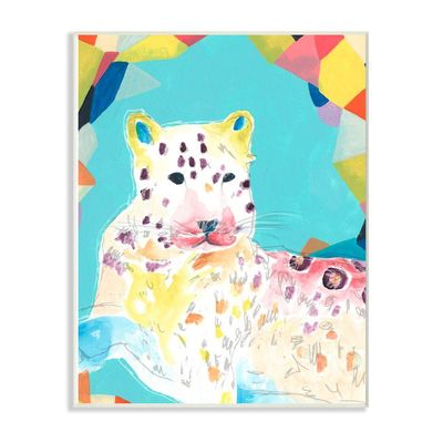 Stupell Industries Colorful Abstract Leopard Large Cat Animal Rainbow Blue Drawing