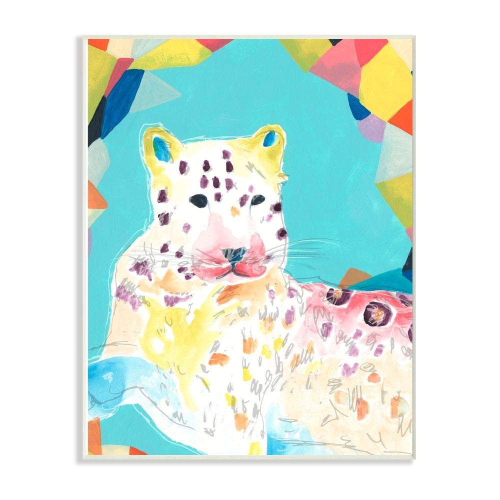 Stupell Industries Colorful Abstract Leopard Large Cat Animal Rainbow Blue Drawing