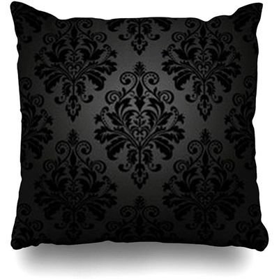Throw Pillow Cover Gothic Black Damask Floral Pattern Royal Flowers On Fashioned Abstract Vintage Antique Carpet Home Decor Sofa Cushion Square Size 18 x 18 Inches Zippered Pillowcase