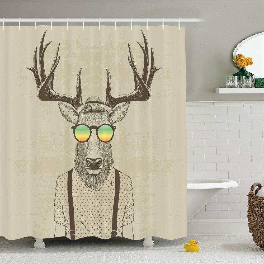 Ambesonne Antlers Shower Curtain, Illustration of Deer Dressed up Like Cool Hipster Fashion Creative Fun Animal, Cloth Fabric Bathroom Decor Set with Hooks, 69" W x 84" L, Sepia Eggshell