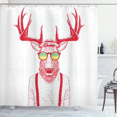 Ambesonne Antlers Shower Curtain, Illustration of Deer Dressed up Like Cool Hipster Fashion Creative Fun Animal, Cloth Fabric Bathroom Decor Set with Hooks, 69" W x 84" L, Vermilion White
