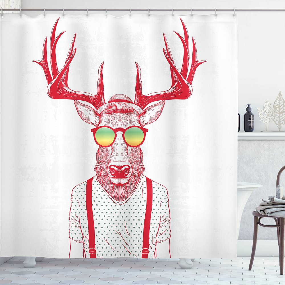Ambesonne Antlers Shower Curtain, Illustration of Deer Dressed up Like Cool Hipster Fashion Creative Fun Animal, Cloth Fabric Bathroom Decor Set with Hooks, 69" W x 84" L, Vermilion White