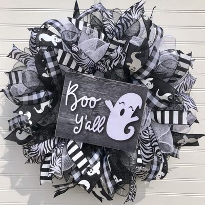 Halloween Ghost Wreath Boo Y'all Halloween Decor | Halloween Door Hanger Farmhouse Decor Burlap Bowtique
